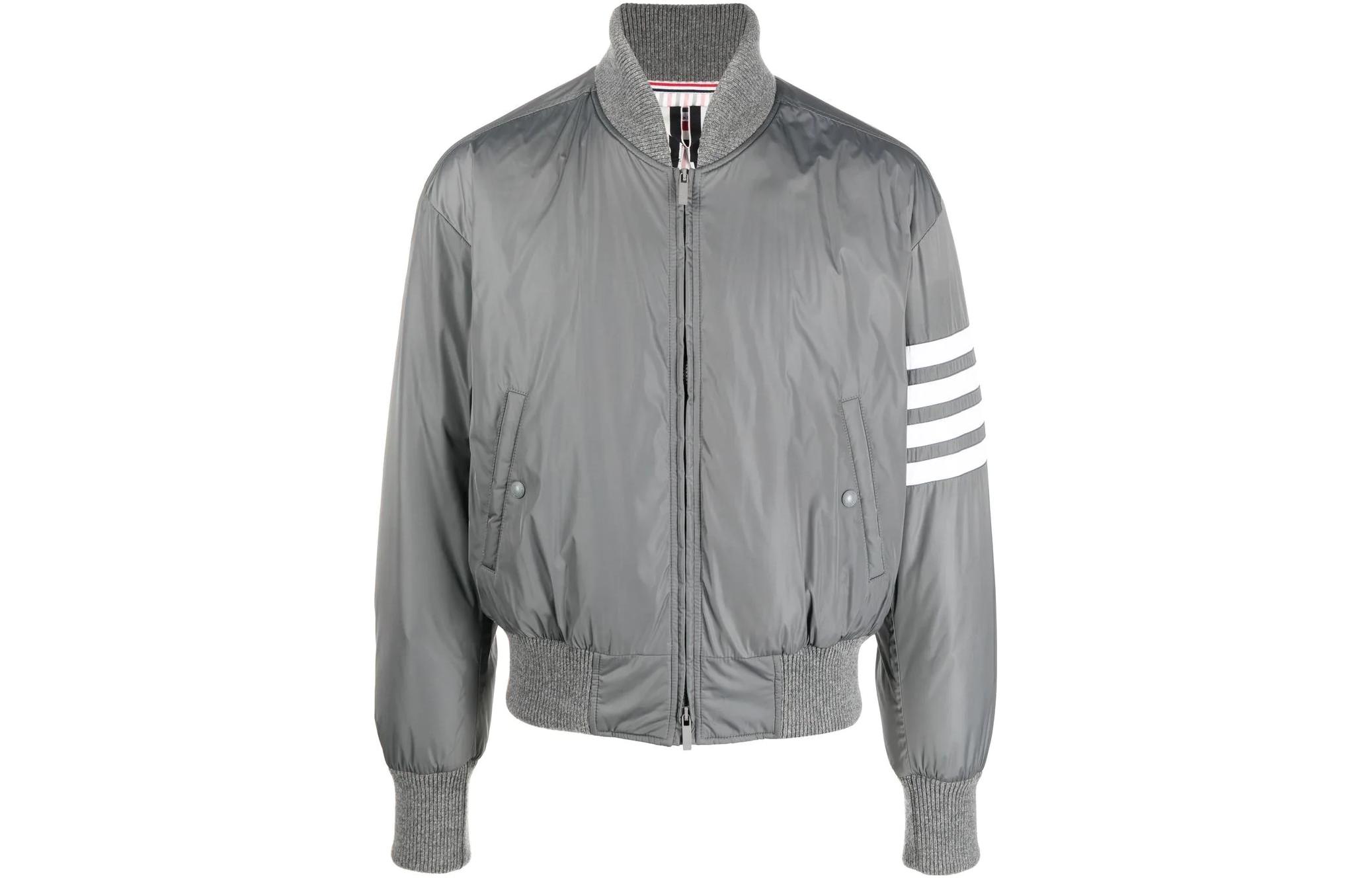 THOM BROWNE  Solid Color Stripe Detail Puffer Jacket - Grey MJD103X-07259-035