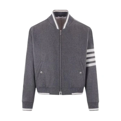 Thom Browne Solid Four-Stripe Aviator Jacket in Grey. MJO030A-F0522035