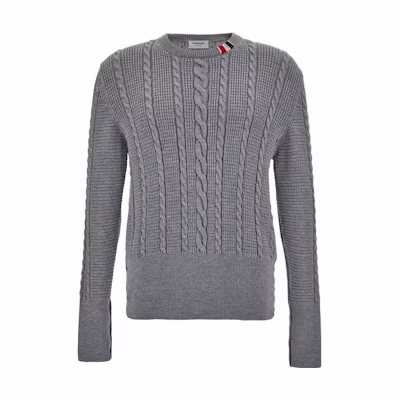 Thom Browne Solid Gray Cable Knit Crewneck Sweater. MKA492A-Y1024-055