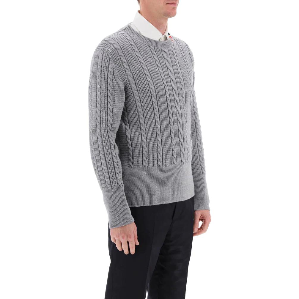 Shop Thom Browne Solid Gray Cable Knit Crewneck Sweater Abu-Abu. MKA492A-Y1024-055