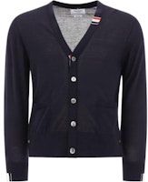 THOM BROWNE Solid V-Neck Button-Up Cardigan Sweater - Blue MKC489AY1014415 THOM BROWNE Solid V-Neck Button-Up Cardigan Sweater - Blue MKC489AY1014415