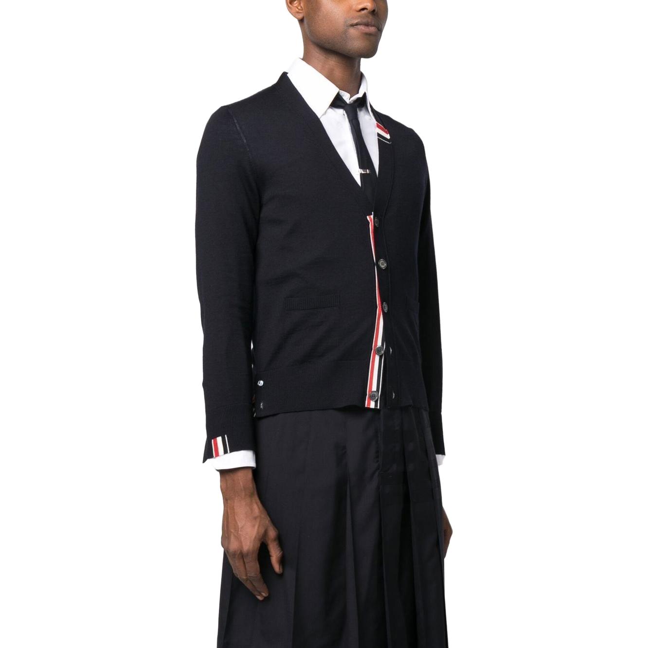 Shop THOM BROWNE Cardigan Button-Up V-Neck Sweater Solid - Biru MKC489AY1014415