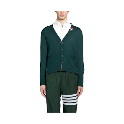 THOM BROWNE Solid V-Neck Slim Fit Cardigan Sweater Long Sleeve. MKC489A-Y1014-310