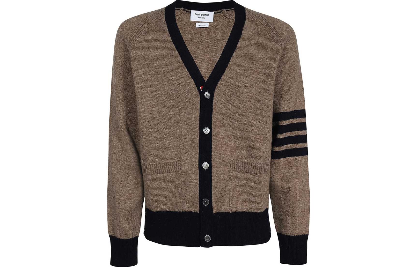 THOM BROWNE  SS23 Classic 4-Bar Wool V-Neck Cardigan Brown MKC485A-Y1026-215