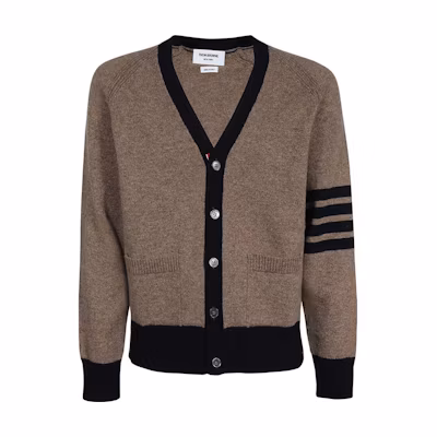 THOM BROWNE SS23 Classic 4-Bar Wool V-Neck Cardigan Brown MKC485A-Y1026-215