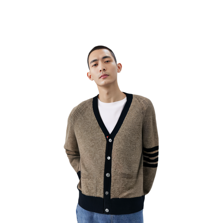 Shop 톰 브라운 SS23 클래식 4-바 울 브이넥 가디건 브라운 MKC485A-Y1026-215