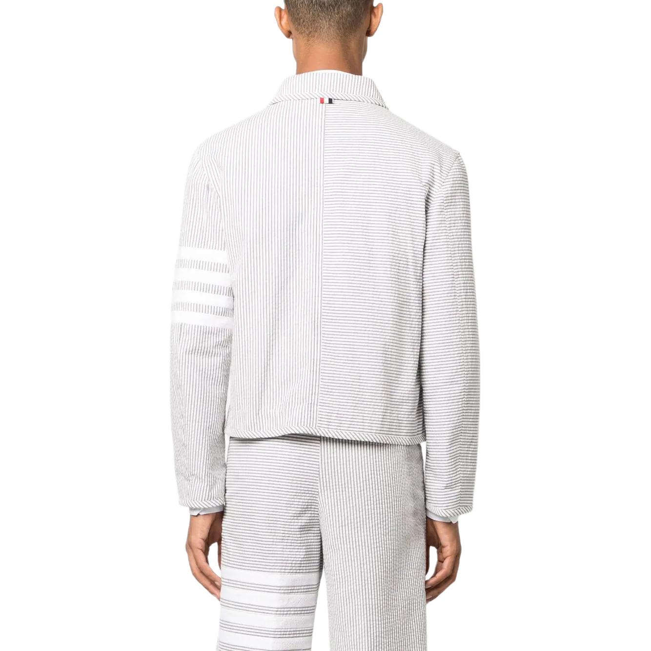 Shop 톰 브라운 SS24 슬림핏 싱글브레스티드 스트라이프 블레이저 라이트 그레이 MJO218F-00572-035