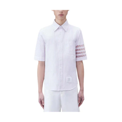 Thom Browne Striped Button-Up Short-Sleeve Shirt in Light Purple. MWS256C-F0510-825