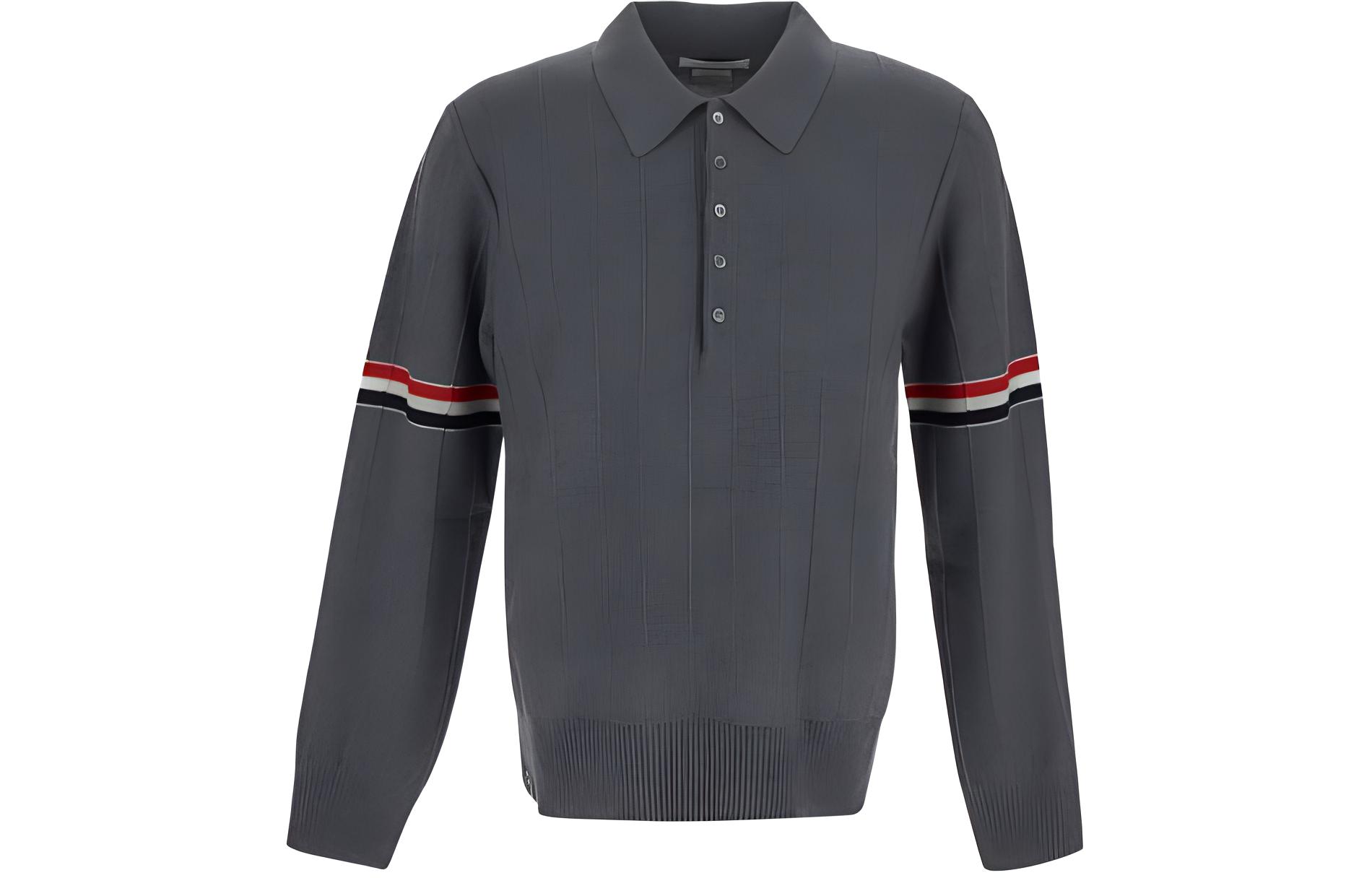 THOM BROWNE  Striped Button Long Sleeve Polo Shirt - Mid Grey MKP108A-Y1002-035