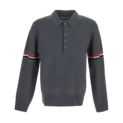 THOM BROWNE Striped Button Long Sleeve Polo Shirt - Mid Grey MKP108A-Y1002-035