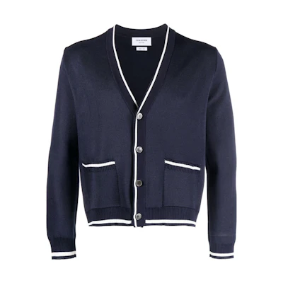 THOM BROWNE Striped Detail Single-Breasted Knit Cardigan. MKC471-AY4013-415