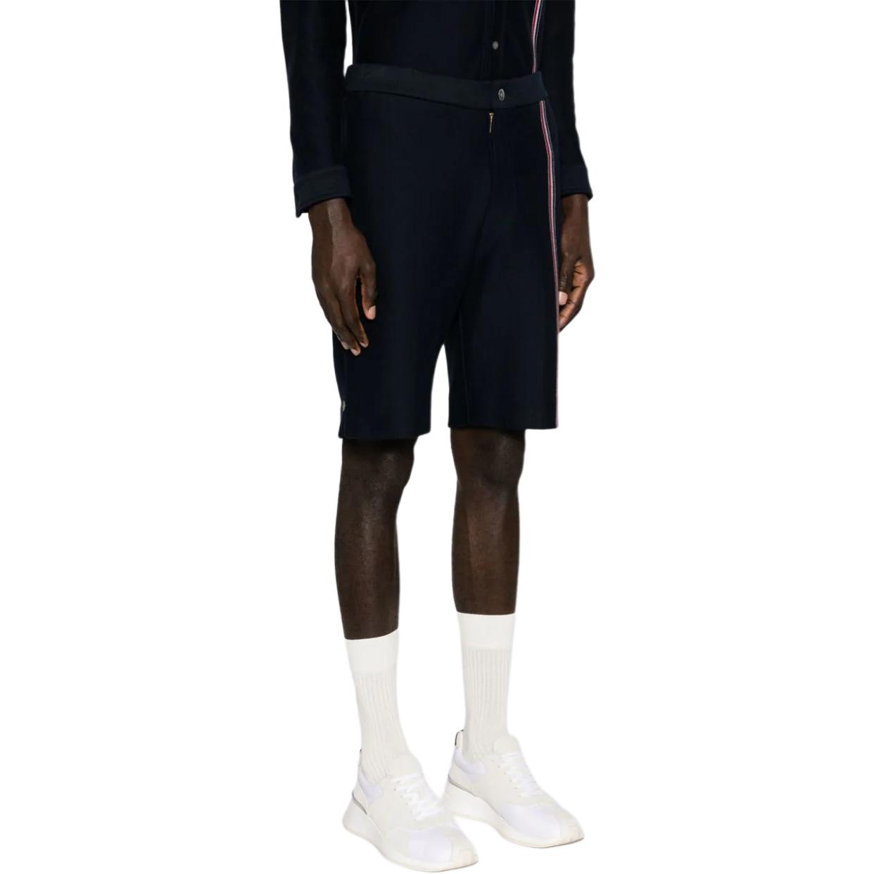 Lookbook トムブラウン ストライプ ハイウエスト ジップ ルーズフィット ネイビーショーツ MJQ196A-J0139-415