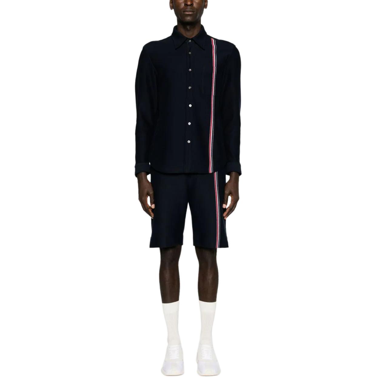 Shop トムブラウン ストライプ ハイウエスト ジップ ルーズフィット ネイビーショーツ MJQ196A-J0139-415