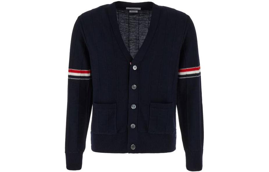 Thom Browne  Striped V-Neck Button-Up Knit Cardigan Navy Blue. MKC519A-Y1002-415