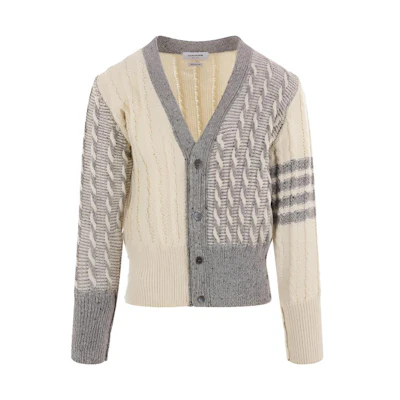 THOM BROWNE Striped V-Neck Cardigan Sweater MKC486F-Y1506-100