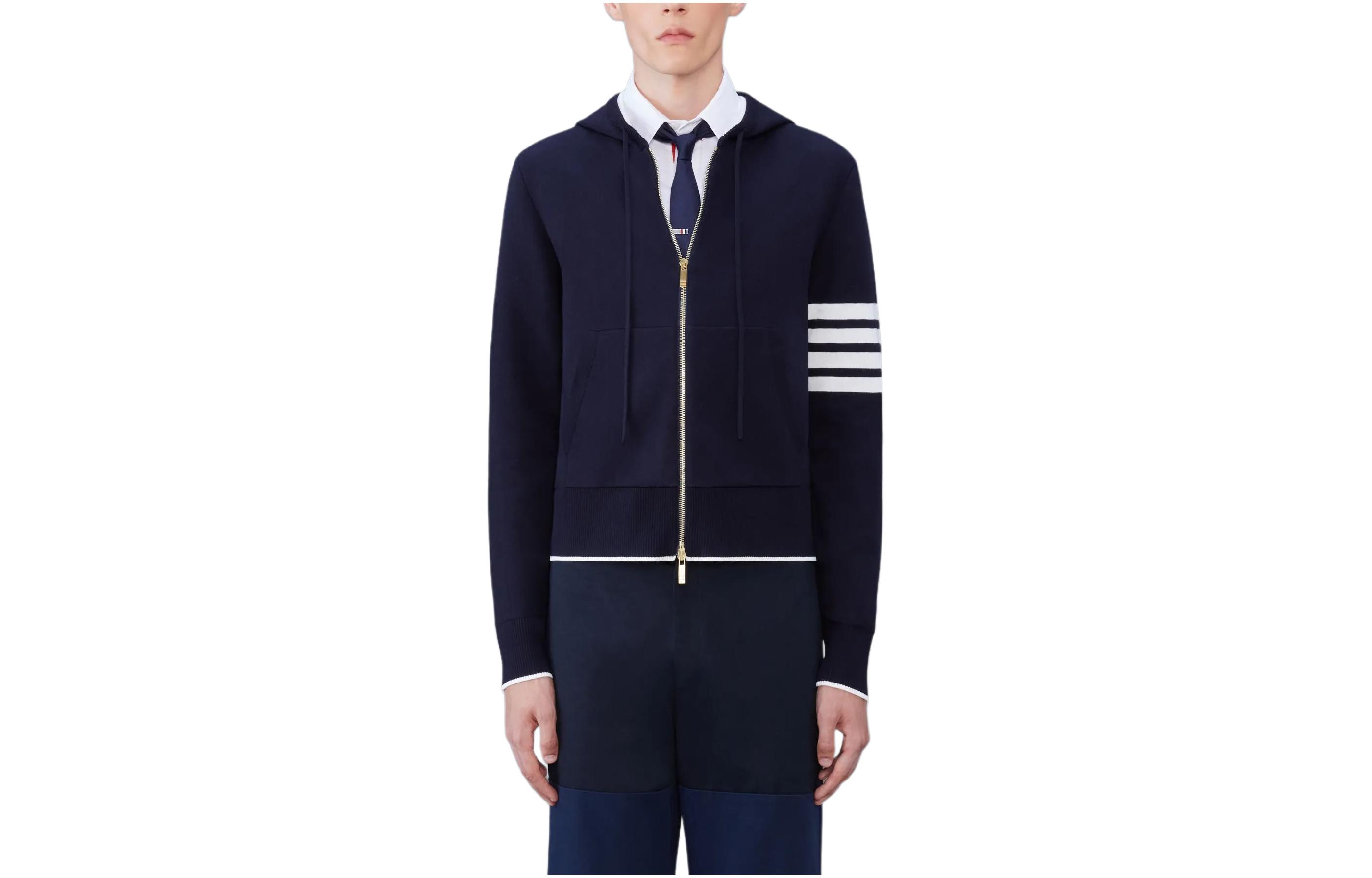 Thom Browne  Striped Zip Hoodie Knit Jacket Navy Blue MKT011A-Y3005-415