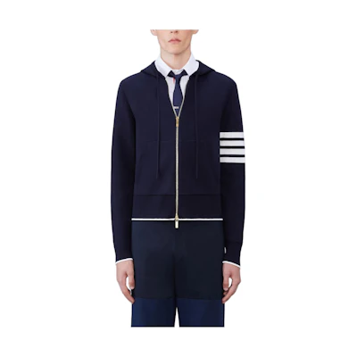 Thom Browne Striped Zip Hoodie Knit Jacket Navy Blue MKT011A-Y3005-415