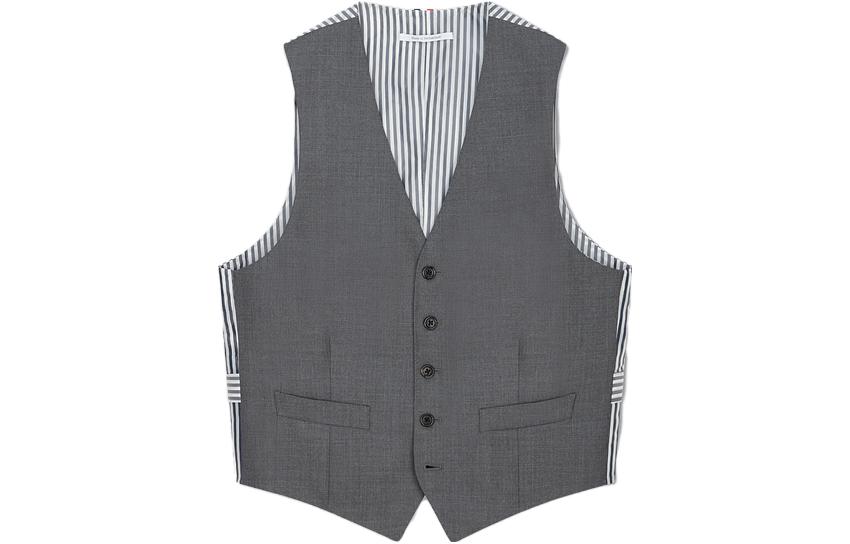 THOM BROWNE  V-Neck Striped Sleeveless Vest in Mid Grey. MVC001A-00626-035