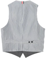 Lookbook THOM BROWNE V-Neck Striped Sleeveless Vest in Mid Grey. MVC001A-00626-035