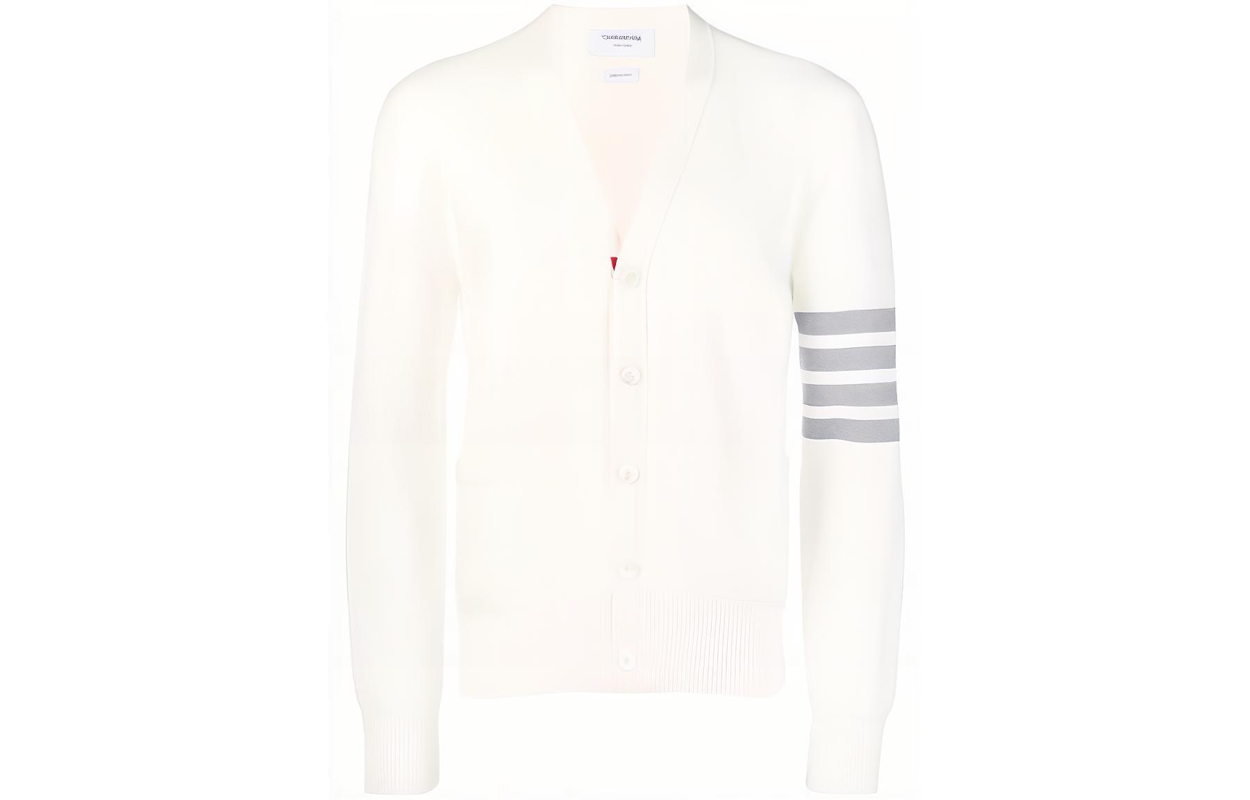THOM BROWNE  White Cardigan with Logo Striped Design. MKC171-A00219-100