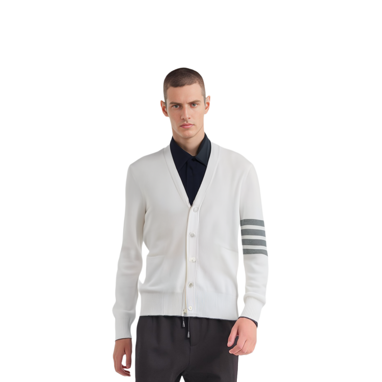 THOM BROWNE  White Cardigan with Logo Striped Design. MKC171-A00219-100 圖 6