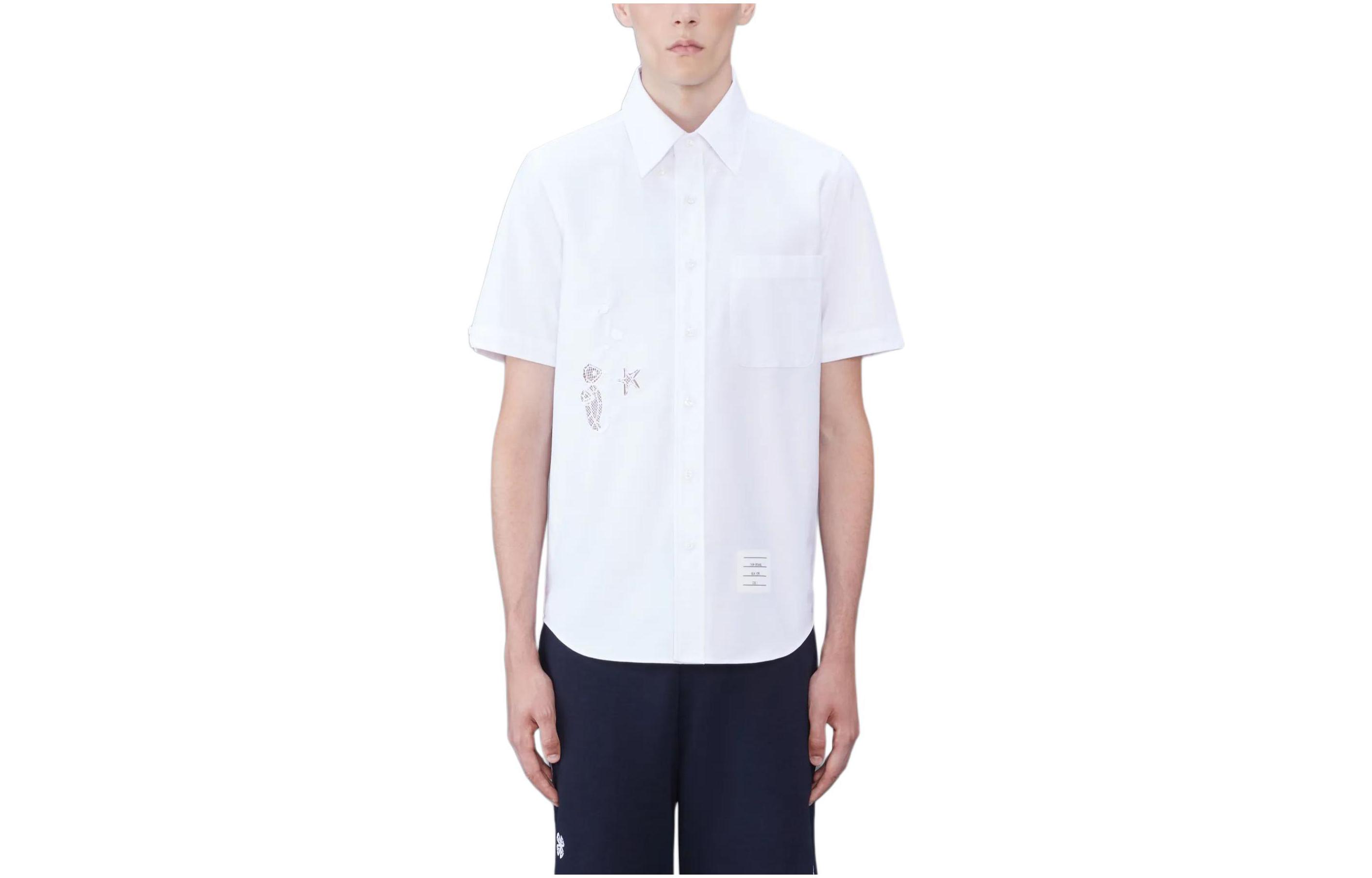 THOM BROWNE  White Casual Straight-Cut Button-Down Short Sleeve Shirt. MWS239EE0917100