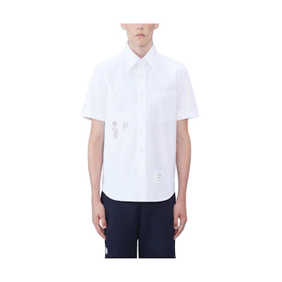 THOM BROWNE White Casual Straight-Cut Button-Down Short Sleeve Shirt. MWS239EE0917100