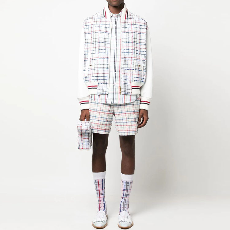 THOM BROWNE  White Mid-Rise Checkered Tie-Waist Straight Shorts MJQ168A-F0283-996 圖 3