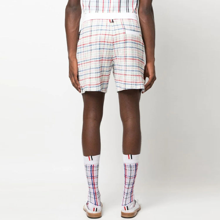 THOM BROWNE  White Mid-Rise Checkered Tie-Waist Straight Shorts MJQ168A-F0283-996 圖 4