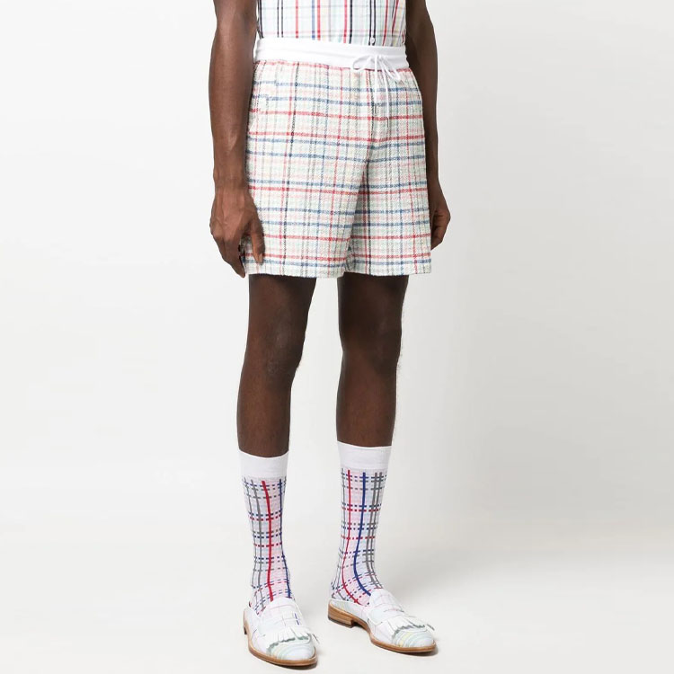 THOM BROWNE  White Mid-Rise Checkered Tie-Waist Straight Shorts MJQ168A-F0283-996 圖 5