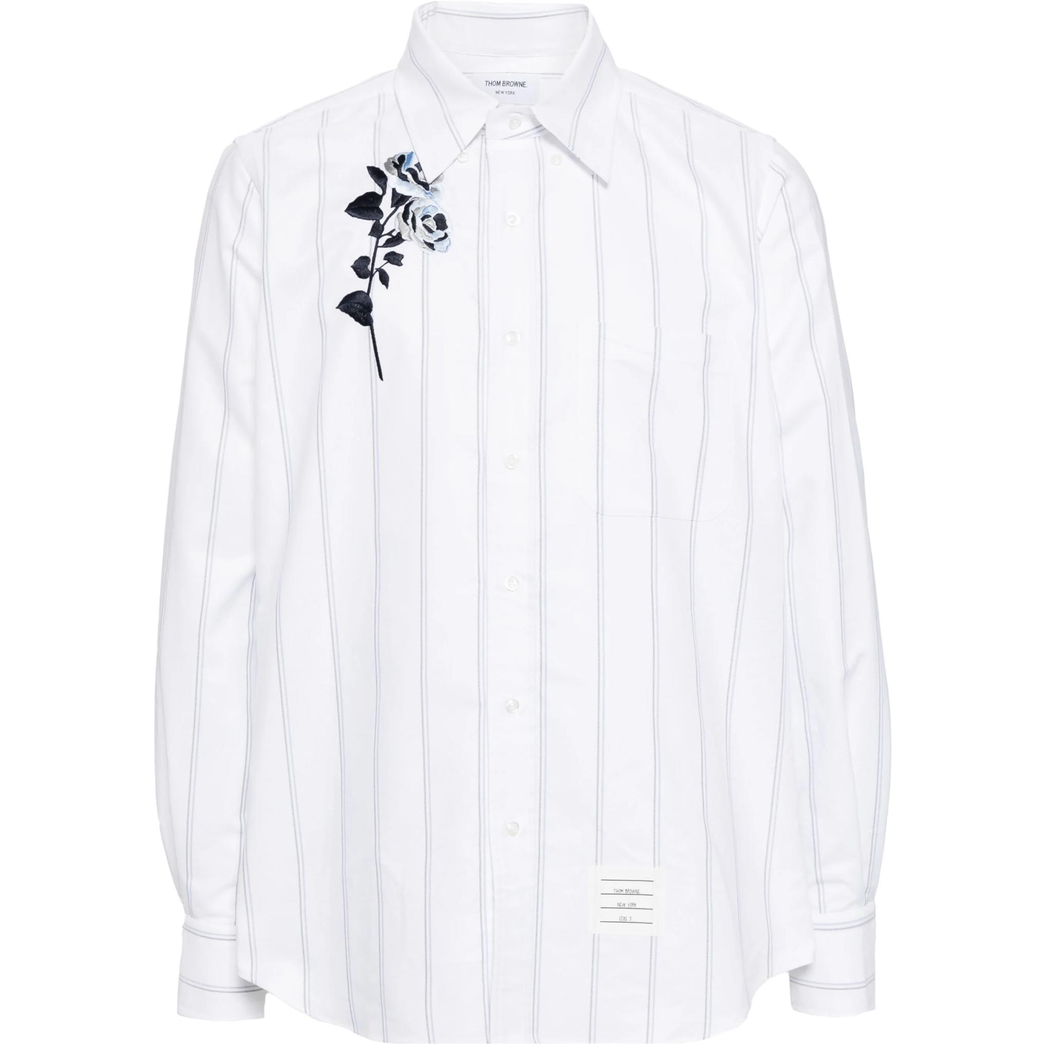 THOM BROWNE  White Rose Embroidered Stripe Button-Up Long Sleeve Shirt MWL272E-E1055-100