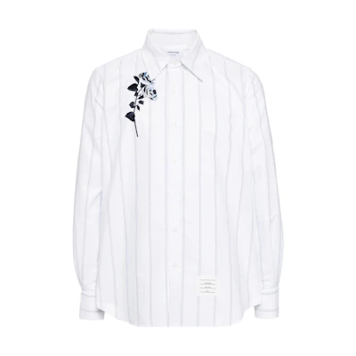 THOM BROWNE White Rose Embroidered Stripe Button-Up Long Sleeve Shirt MWL272E-E1055-100