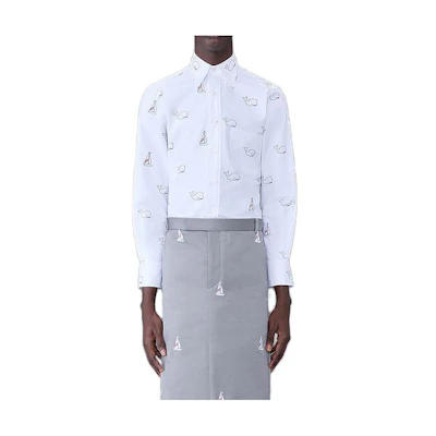 Thom Browne White Shirt with Whale and Boat Embroidery Design MWL001E-E0641-100