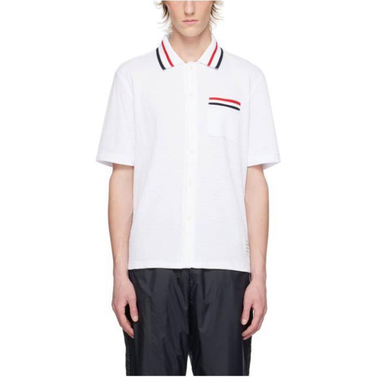 Thom Browne  White Stripe Collar Short-Sleeve Fitted Shirt. MJS260A-J0153-100