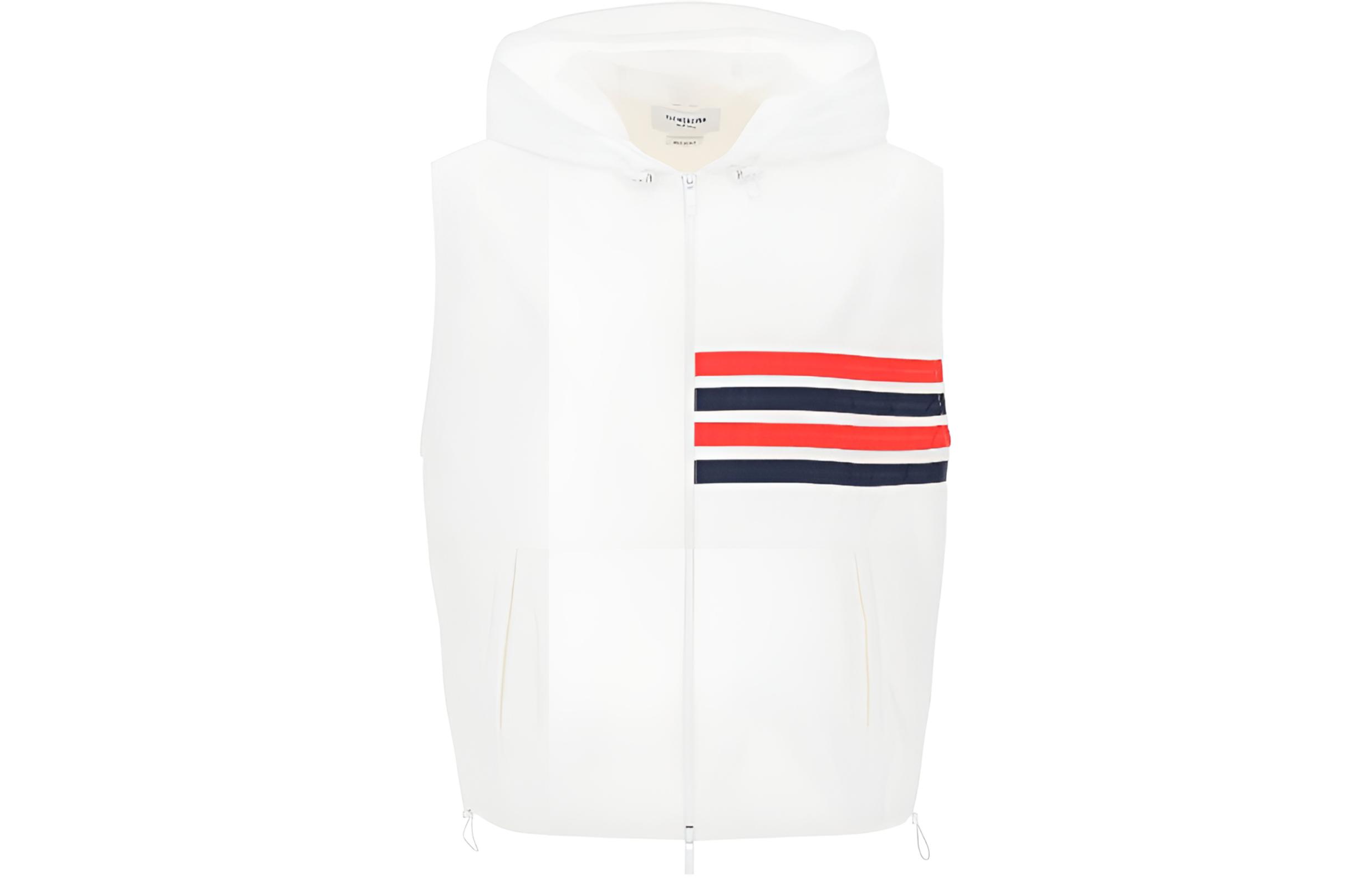 THOM BROWNE  White Striped Sleeveless Zip-Up Hoodie Vest MJV007A-F0517-100