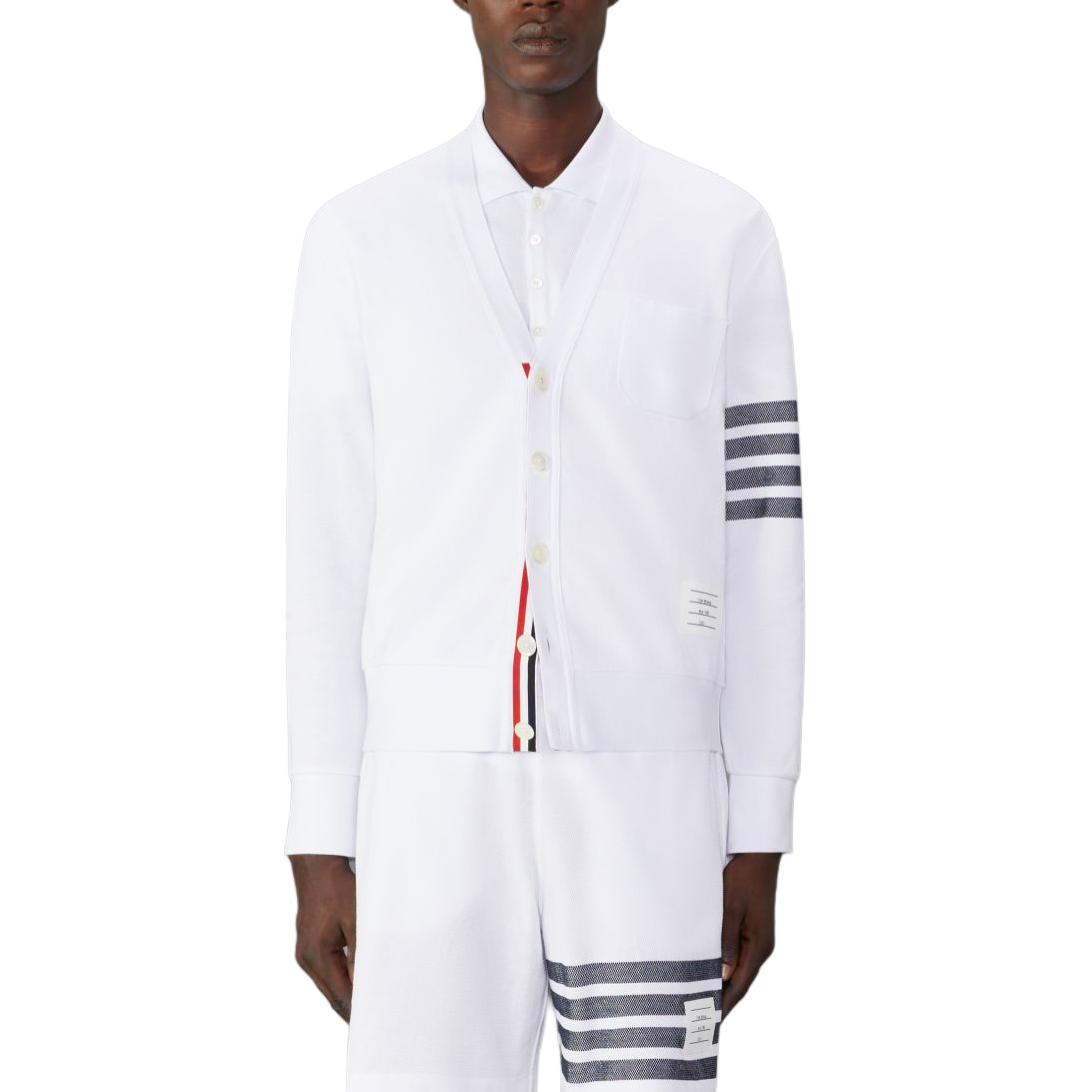 THOM BROWNE  White Striped V-Neck Button Casual Knit Cardigan Sweater MJT436A-J0155-100