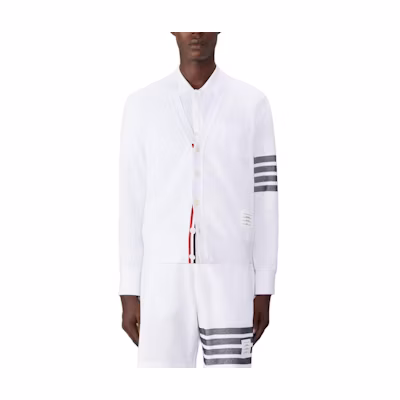 THOM BROWNE White Striped V-Neck Button Casual Knit Cardigan Sweater MJT436A-J0155-100
