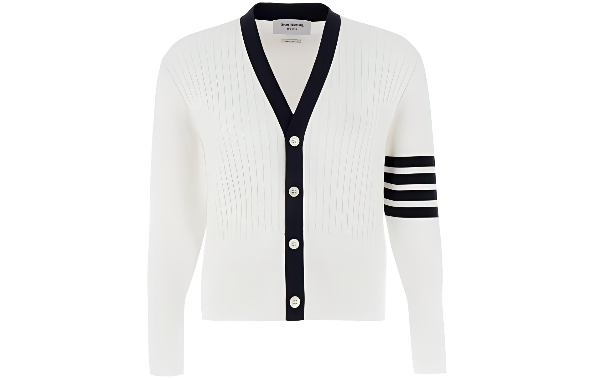 Thom Browne  White Striped V-Neck Knit Cardigan. MKC520A-Y3014-100
