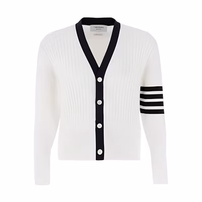 Thom Browne White Striped V-Neck Knit Cardigan. MKC520A-Y3014-100