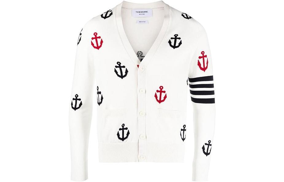 Thom Browne  White V-Neck Single-Breasted Cardigan Sweater Long Sleeve MKC467A-Y3007-100