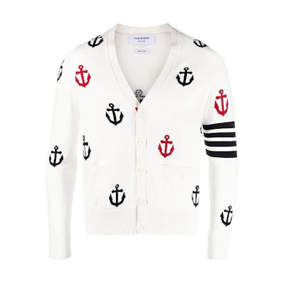 Thom Browne White V-Neck Single-Breasted Cardigan Sweater Long Sleeve MKC467A-Y3007-100