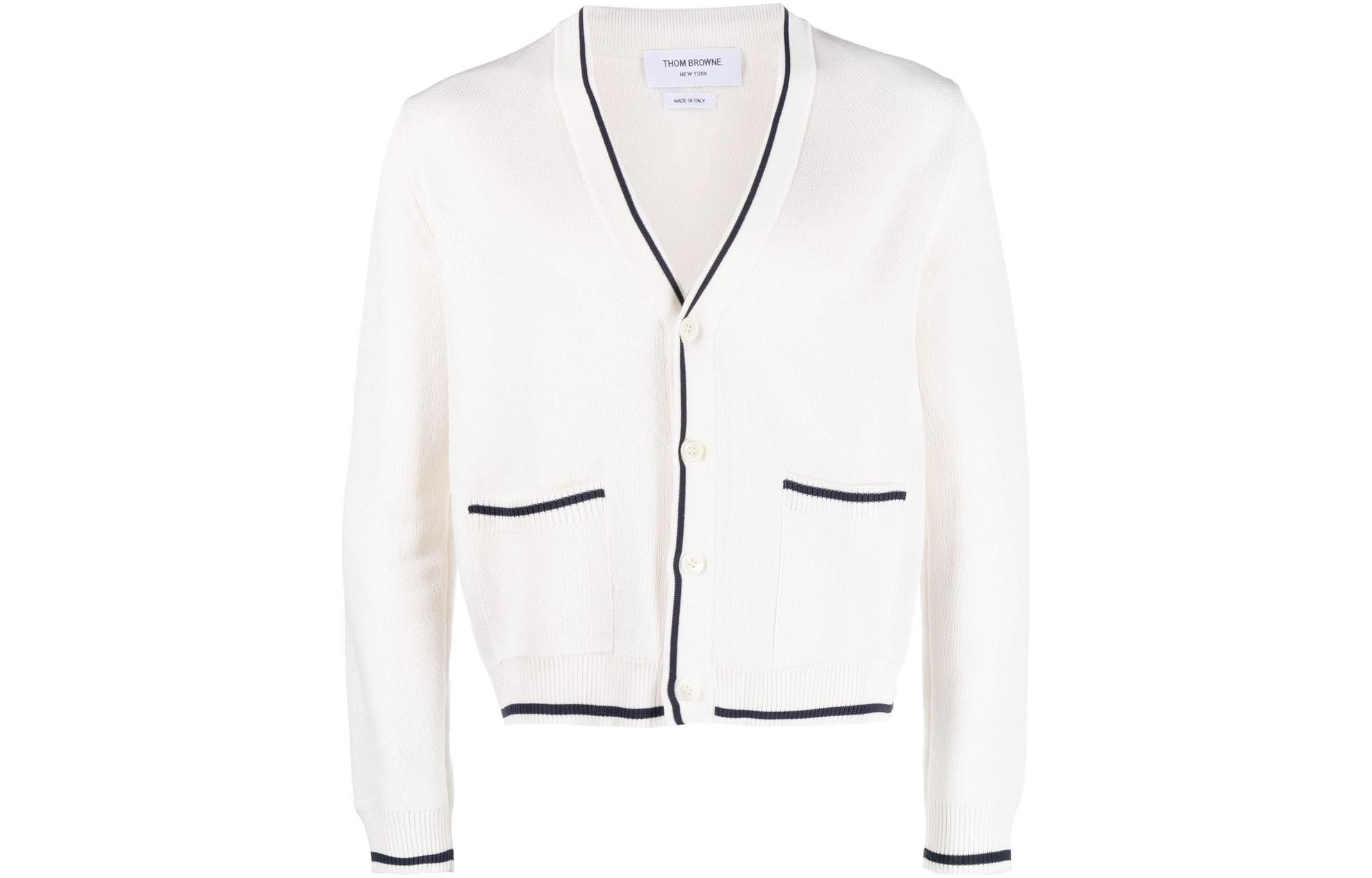 Thom Browne  White V-Neck Single-Breasted Knit Cardigan Sweater. MKC471A-Y4013-100
