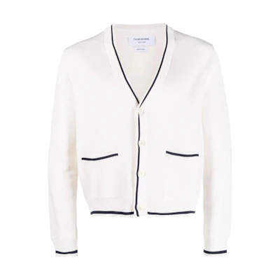 Thom Browne White V-Neck Single-Breasted Knit Cardigan Sweater. MKC471A-Y4013-100