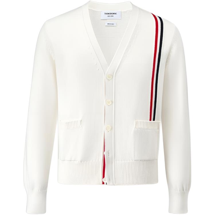 THOM BROWNE  White V-Neck Striped Knit Cardigan Long Sleeve Sweater. MKC530A-Y3017-100