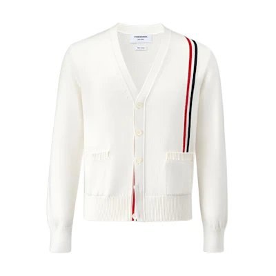 THOM BROWNE White V-Neck Striped Knit Cardigan Long Sleeve Sweater. MKC530A-Y3017-100