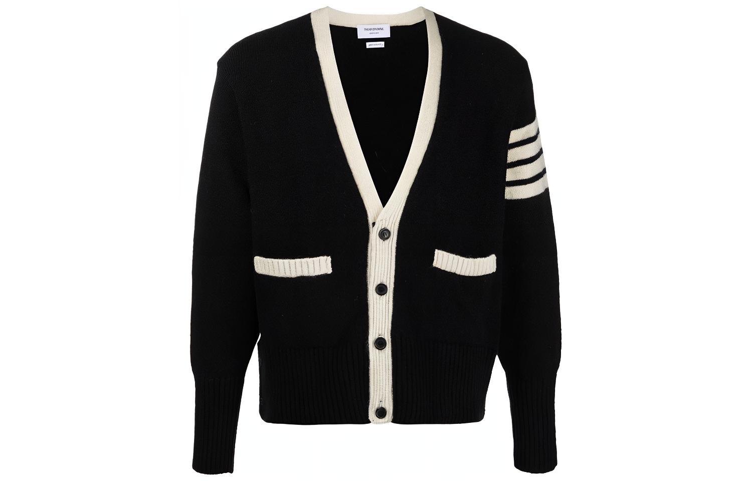 Order Thom Browne Black Classic 4-Bar V-Neck Cardigan Sweater. MKC367B-Y1502-001