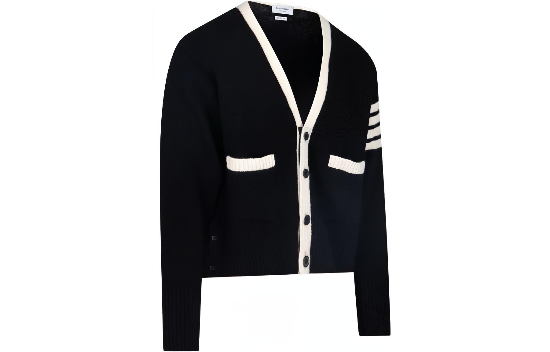 Shop Thom Browne Black Classic 4-Bar V-Neck Cardigan Sweater. MKC367B-Y1502-001