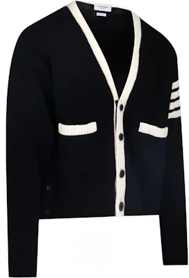 Thom Browne Black Classic 4-Bar V-Neck Cardigan Sweater. MKC367B-Y1502-001 Shop Thom Browne Black Classic 4-Bar V-Neck Cardigan Sweater. MKC367B-Y1502-001