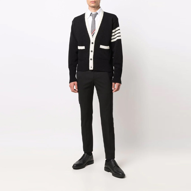 Purchase Thom Browne Black Classic 4-Bar V-Neck Cardigan Sweater. MKC367B-Y1502-001