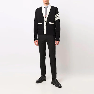 Thom Browne Black Classic 4-Bar V-Neck Cardigan Sweater. MKC367B-Y1502-001 Purchase Thom Browne Black Classic 4-Bar V-Neck Cardigan Sweater. MKC367B-Y1502-001